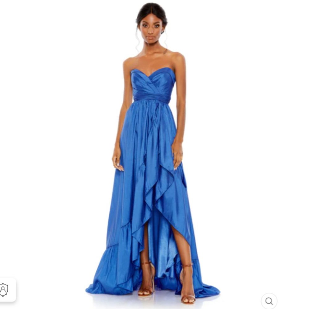 ASYMMETRICAL STRAPLESS SWEETHEART RUFFLE GOWN Size 8 COLOR — Sapphire NWT
